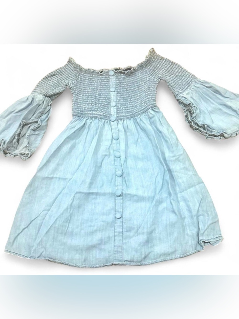 Venus Womens 6 Chambray Smocked Off Shoulder Bell Sleeve Dress Blue Lyocell